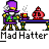 Animated contact sheet of a Mad Hatter character in pixel art style performing actions at a table with teapots and cups, displayed on gray background.