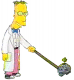 Yellow-skinned cartoon character in white lab coat and pink pants holds a long-handled tool with a dark, rounded head, standing against white background.