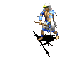 Animated sequence of a warrior figure in blue and silver armor performing combat actions with a long staff against gray background.