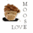 Pixelated icon of a person with brown hair and black clothing, next to vertical text reading 'MOO & LOVE' in gray block letters.
