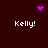 Dark red background with four white 'Kelly!' texts and three purple pixelated symbols: a heart, a starburst, and a circular pattern.