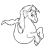 Pixelated grayscale icon of a cartoon character with large eyes, long hair, and an outstretched arm holding a small object.