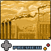 Pixel art cityscape with industrial smokestacks emitting dark plumes against a golden sky, featuring buildings and a game controller overlay.