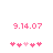 Pixelated pink text '9.14.07' above five heart symbols on white background, with one central heart lighter than others.