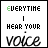 Animated icon with text 'EVERYTIME I HEAR YOUR VOICE' and 'I CAN'T HELP BUT smile', featuring color variations in letters across frames.