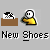 Pixelated icon shows a brown box with black-and-white checkered pattern, yellow hand holding white ball, and text 'New Shoes' below.