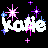 Pixelated text 'katie' in white with pink and blue starbursts on black background, arranged in four quadrants.