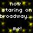 Pixelated text repeats 'now staring on broadway...broadway...' and 'me!' against a black background with yellow sparkles.