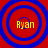 Four identical circular icons with red backgrounds and blue concentric rings, each containing the yellow text 'Ryan' in a pixelated font.