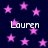 Dark blue background with scattered pink stars and repeated white text reading 'Lauren' in pixelated font.