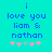Pixelated cyan background with blue text reading 'i love you liam & nathan' and five pink/purple heart symbols below.