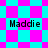Four identical 'Maddie' text labels appear over shifting cyan and magenta diamond patterns in a static image.