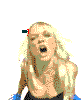 A blonde woman in a black top with blue accents appears across showing sequential facial expressions and red line effects