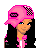Pixel art contact sheet showing two frames of a cartoon character in pink and black attire with visible belly button, checkered cap, and star details on pants.