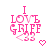 Pink pixelated text "I LOVE GRIFF" with "<33" below, surrounded by animated heart and arrow symbols on white background.