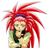 Pixelated anime-style character with red spiky hair and green eyes, wearing a green and yellow outfit, positioned against a white background.