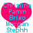Three pink heart-shaped icons with blue text listing names, arranged in a on white background
