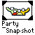 Pixelated static buddy icon featuring a stylized crown-like shape with multiple colored segments inside a black-bordered frame, below which is text reading "Party Snap-shot" in pixelated font.