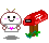 Pixel art character with white rounded body, black eyes, pink cheeks, and brown antennae stands beside red mushroom-shaped object with white symbol.