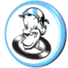 Circular cartoon character icon with blue border, black-and-white face showing exaggerated smile and head tilt, displayed in multiple views including front, side, and rotated angles.