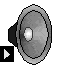 Animated speaker icon with musical notes and symbols appearing and changing color across frames.