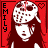 A 6-frame animated contact sheet showing a pixelated character with long dark hair and white face, wearing a red mask-like patterned headpiece, against a solid red background with vertical "EMILY" text on the left side of each frame.