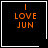 Four black square with white borders display orange text reading "I LOVE JUN"; two have small white symbols in the bottom-right corner
