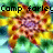 Pixelated animated icon with swirling yellow, red, and purple patterns over green background, text overlays changing across frames.