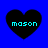 Four black heart shapes on a solid blue background, each containing the word 'mason' in cyan pixelated text.