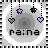 Pixelated icon with gray circular background, black text 'raina', and four hanging symbols: purple star, dark star, gray heart, purple heart.