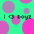 Green background with pink and purple circles; black text 'i <3 boyz' repeated twice in two
