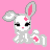 Pixel art contact sheet of a 4-frame animated icon featuring a cartoon rabbit and text elements on pink backgrounds with decorative borders.