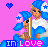 Pixel art contact sheet showing two animated frames of a character with blue hair holding a small creature, pink background, and "IN LOVE" text at bottom.