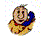 Animated cartoon character icon with changing facial expressions and pose across sampled frames, featuring a round face, blue shoulder accessory, yellow outfit with red collar, and pixelated style on white background.
