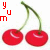 Animated cherry cluster with red fruit, green stems, and pixelated text elements in four distinct states.