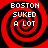 Four identical red and black spiral patterns with white text reading "BOSTON SUKED A LOT" arranged in a on a solid black background