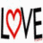 Red heart symbol replaces the letter O in a black text-based word 'LOVE' on white background.