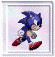 Pixelated blue hedgehog character in running pose with red shoes, white gloves, and black eyes on light background.