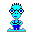 Two pixelated blue characters with black glasses and spiky hair stand side-by-side against a gray background, one slightly larger than the other.