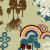 Pixelated icon with rainbow arch, blue clover-like shapes, and brown tree silhouettes on beige background.