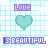 Pixelated icon with light blue background, cyan heart symbol, and purple text reading LOVE IS BEAUTIFUL in alternating