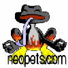 Animated sequence of a cartoon frog-like creature with flame effects, wearing a hat and holding a pipe, alternating between fire and water states.
