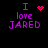 Four variations of a pixelated text-based icon showing 'I love JARED' with different animated symbols replacing the heart or star, all on black background.