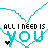 A 4-frame animated contact sheet showing a pixelated heart-shaped text animation with "ALL I NEED IS YOU" in black and cyan, featuring small black hearts that shift position across frames.