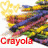 Animated Crayola icon with shifting color palette and dynamic background elements, red text at bottom.