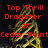 Red pixelated text on a dark background with golden swirling patterns, displaying promotional phrases.