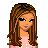 Pixel art character with long brown hair and blue eyes in multiple poses including full body, partial views, winking face, star-shaped text overlay, and heart-decorated nameplate.