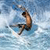 Pixelated static image of a shirtless surfer riding a wave in mid-air against a blue water background.