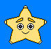 Yellow star-shaped character with brown eyebrows, black-and-white eyes, and a smiling mouth on blue background.