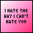 Four pink gradient display pixelated text with one showing partial transparency on the word 'HATE' in the second
